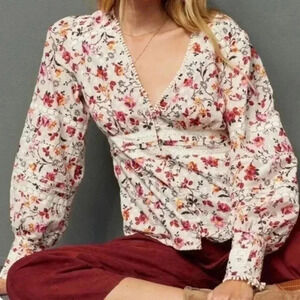Anthropologie Floral Long Sleeve Lace Top White Pink Red Button Down Sz 6 Small